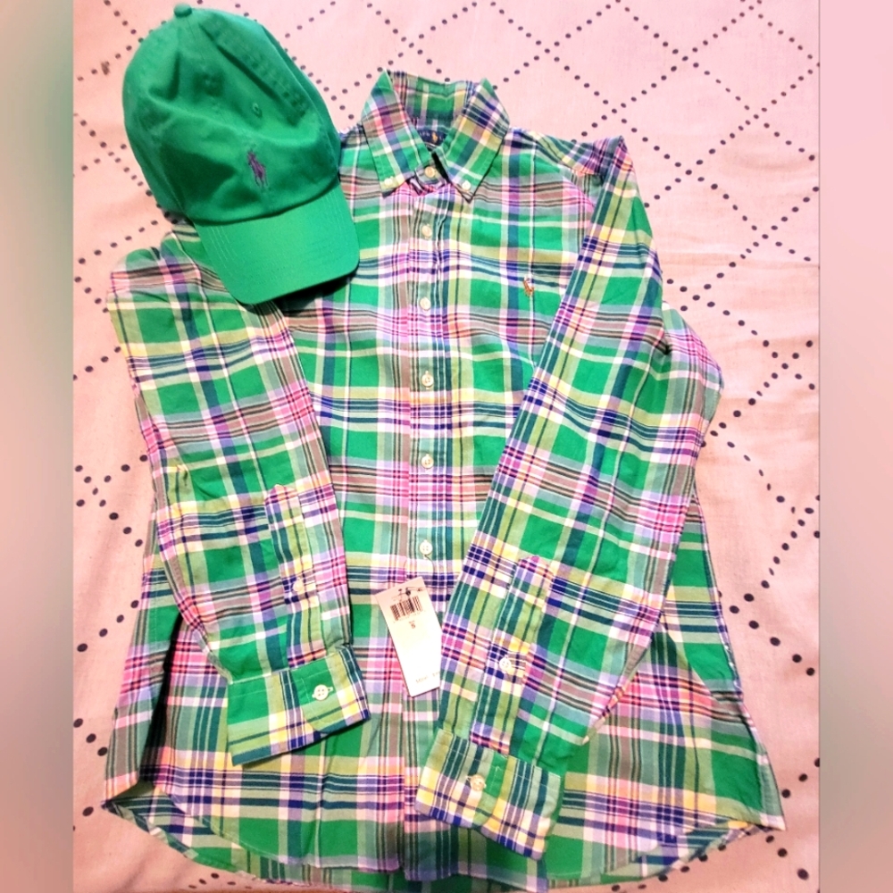 Small Polo button down with green Polo cap.